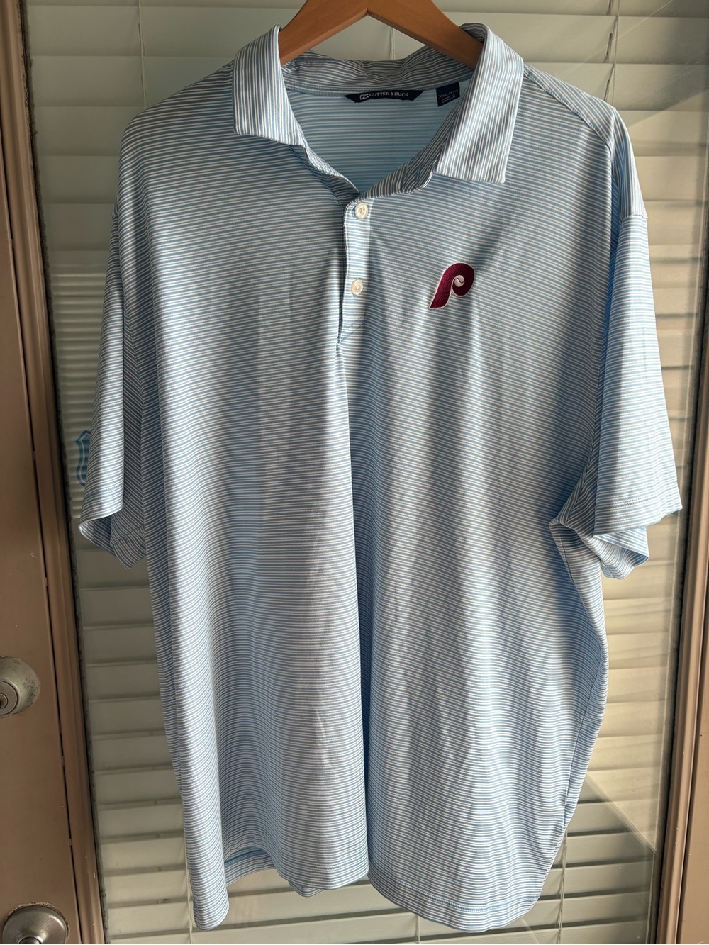 Cutter & Buck Light Blue and White Striped Men’s Polo with Maroon Logo